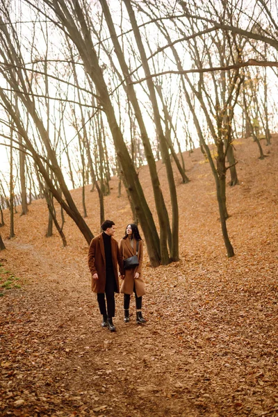 Young Couple Love Walking Park Autumn Day Enjoying Time Together — Stock Photo, Image