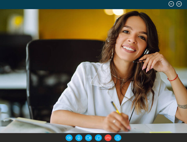 Businesswoman participate at virtual distant negotiations with colleagues via teleconference.  Online meeting with videochat app. Self-isolation during ncov situation. Distance learning.