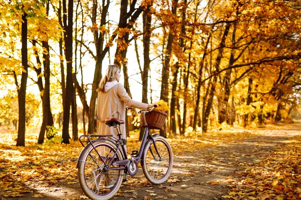 Mulher Elegante Com Uma Bicicleta Desfrutando Clima Outono Parque Mulher — Fotografia de Stock