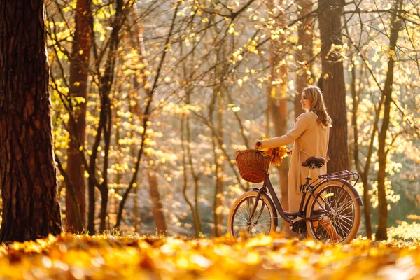 Mulher Elegante Com Uma Bicicleta Desfrutando Clima Outono Parque Mulher — Fotografia de Stock