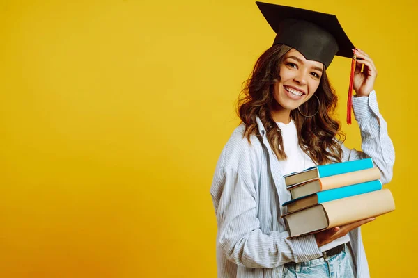 Portrait Young African American Woman Books Posing Yellow Background Graduation — Stock Photo, Image