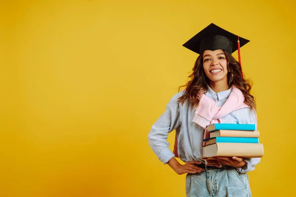 Portrait Young African American Woman Books Posing Yellow Background Graduation — Stock Photo, Image