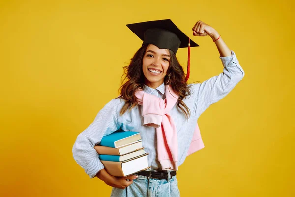 Portrait Young African American Woman Books Posing Yellow Background Graduation — Stock Photo, Image