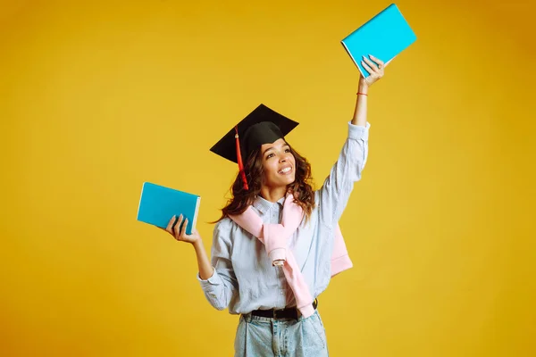 Portrait Young African American Woman Books Posing Yellow Background Graduation — Stock Photo, Image