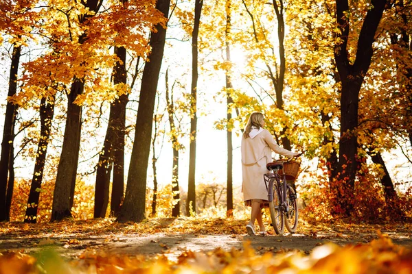 Mujer Otoño Parque Otoño Mujer Joven Feliz Posando Con Bicicleta —  Fotos de Stock