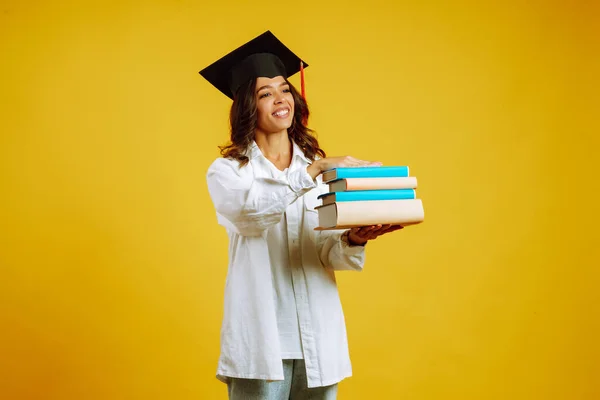 Smiling Young Woman Graduation Hat Books Study Education University College — Stock Photo, Image