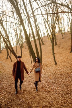 Güzel bir çift sonbahar ormanında birlikte eğleniyor. Moda çifti sonbahar havasının tadını çıkarıyor. Moda, yaşam tarzı ve sonbahar havası.