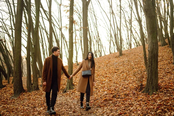 Прекрасная Пара Веселится Вместе Осеннем Лесу Модная Пара Наслаждается Осенней — стоковое фото