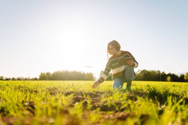 Dijital tabletli genç bir kadın çiftçi, yeşil tarım alanında güneşleniyor. Yeşil lahanalı dişi tarım uzmanı mahsulün büyümesini ve kalitesini kontrol ediyor. Çiftçilik ve teknoloji kavramı.