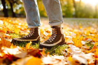Güneşli bir ormanda, parlak yeşilliklerde yürüyen yürüyüş botlarıyla bir kadının ayaklarının yakın çekimi. Gün batımında bir kadın yürüyüşçü botlarıyla yürüyüş parkurunda yürüyor. Macera kavramı, mevsimlik.