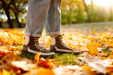 Güneşli bir ormanda, parlak yeşilliklerde yürüyen yürüyüş botlarıyla bir kadının ayaklarının yakın çekimi. Gün batımında bir kadın yürüyüşçü botlarıyla yürüyüş parkurunda yürüyor. Macera kavramı, mevsimlik.