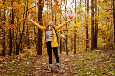 Sarı yağmurluklu genç bir kadın güneşli bir günde sonbahar ormanında gezinir. Neşeli bir sırt çantası güz mevsiminin güzelliğinin tadını çıkarır. Macera ve mevsimlik kavramı.