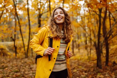 Sarı yağmurluklu genç bir kadın güneşli bir günde sonbahar ormanında gezinir. Neşeli bir sırt çantası güz mevsiminin güzelliğinin tadını çıkarır. Macera ve mevsimlik kavramı.