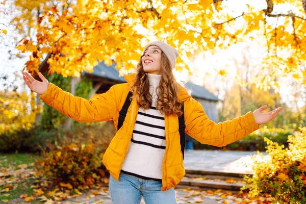 Tatlı bir kadın sonbahar parkında düşen yapraklarla eğleniyor. Güzel bir kadın günbatımında sonbahar yapraklarını havaya fırlatır. Mevsimlik, eğlence ve rahatlama kavramı.