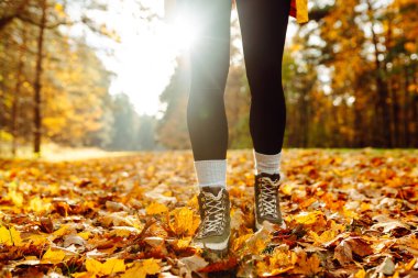 Yürüyüş botlarıyla bir yürüyüşçünün ayaklarının yakın çekimi sarı yapraklarla kaplı bir patika boyunca yürüyor. Ağır çizmeli bir kadın ormanda sonbahar gününün tadını çıkarır. Yürüme, yürüyüş kavramı. Sonbahar günü!