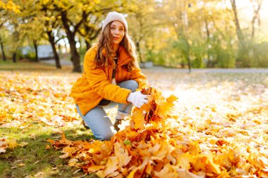 Parlak ceketli genç bir kadın güneş ışınlarında diz çökerken sonbahar yaprakları topluyor. Bir kadın gönüllü parkta sarı yaprakları tırmıklıyor. Ekoloji, gönüllülük, mevsimlik kavramları.