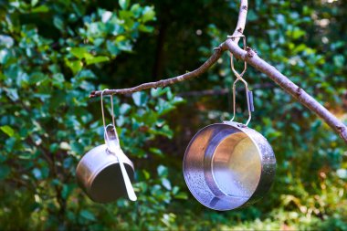 Ağaç dallarında asılı metalik tencereler 