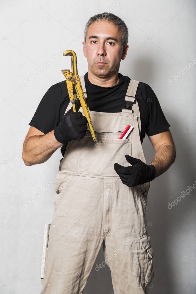 worker specialist plumber, engineer or constructor on white background