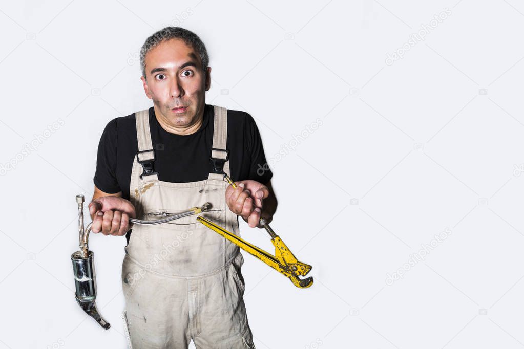 worker specialist plumber, engineer or constructor on white background
