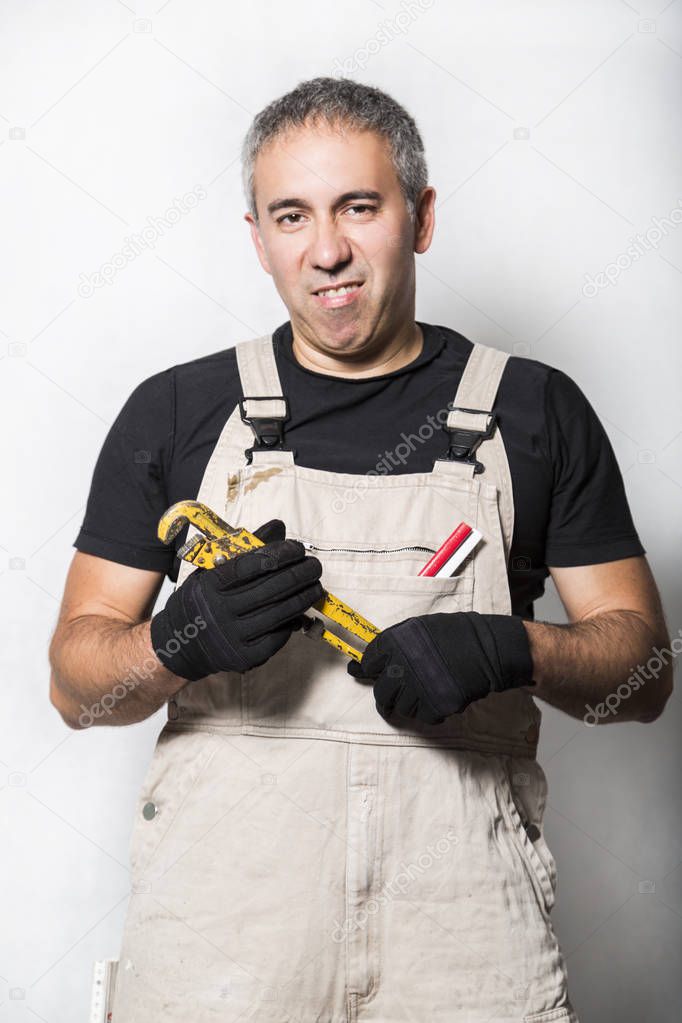 worker specialist plumber, engineer or constructor on white background