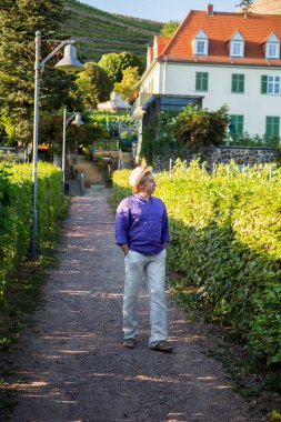 Şapkalı adam yavaş yavaş bağ kırsal yürür
