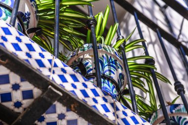 Balkonda bitki ile desenli seramik tencere