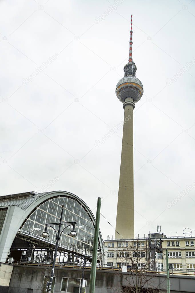 Railway station and Fernsehturm TV tower in Berlin