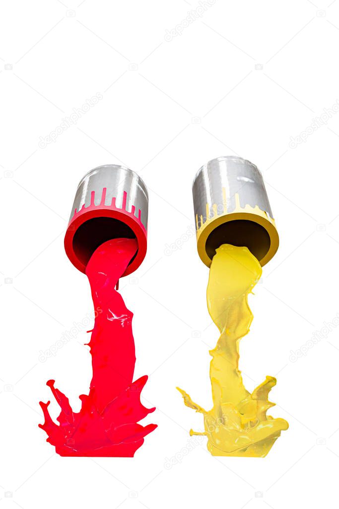 Two metal buckets pouring red and yellow paint