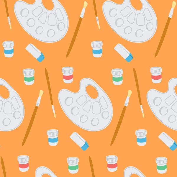 Turuncu arka planda boya paletleri, fırçalar, kavanozlar ve silgilerle kusursuz vektör deseni. Görsel sanatlarda yaratıcılık, sanatsal araçlar ve eğitim kavramı