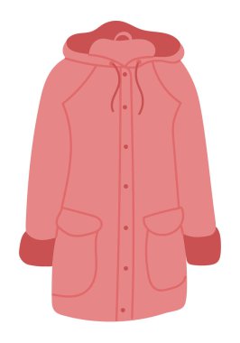 Kapüşonlu ve ön cepli pembe yağmurluğun vektör çizimi. Mevsimlik dış giyim, moda tasarımı ve hava koruma kavramı