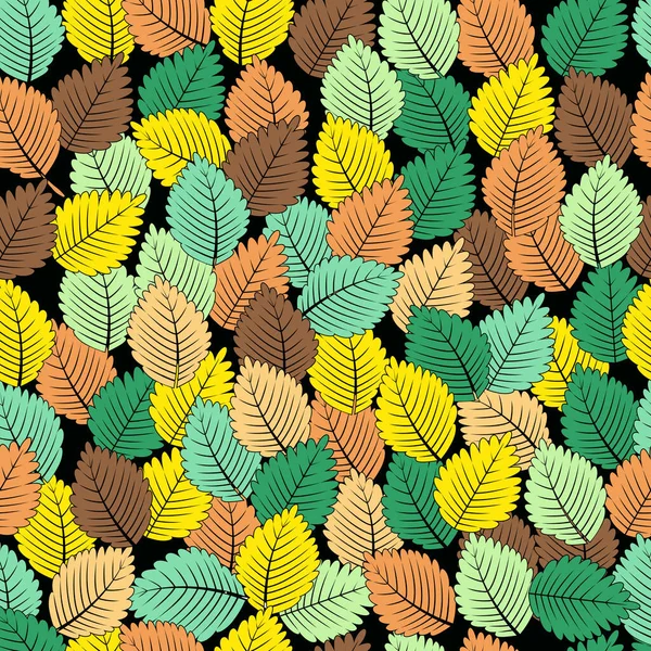  Katı siyah bir zemin üzerinde kahverengi, yeşil, sarı ve turuncu tonlarda renkli sonbahar yaprakları içeren canlı, pürüzsüz bir desen. Kumaş, kırtasiye ve mevsimlik tasarımlar için ideal