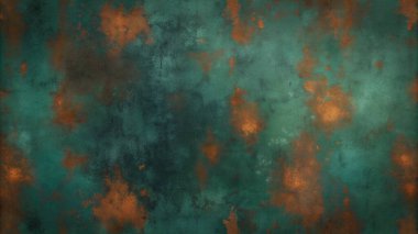 Koyu yeşil ve paslı turuncu tonlarda oksitlenmiş metal efektleri olan endüstriyel grunge dokusu ambalaj, poster ve grafik tasarımı için mükemmel..