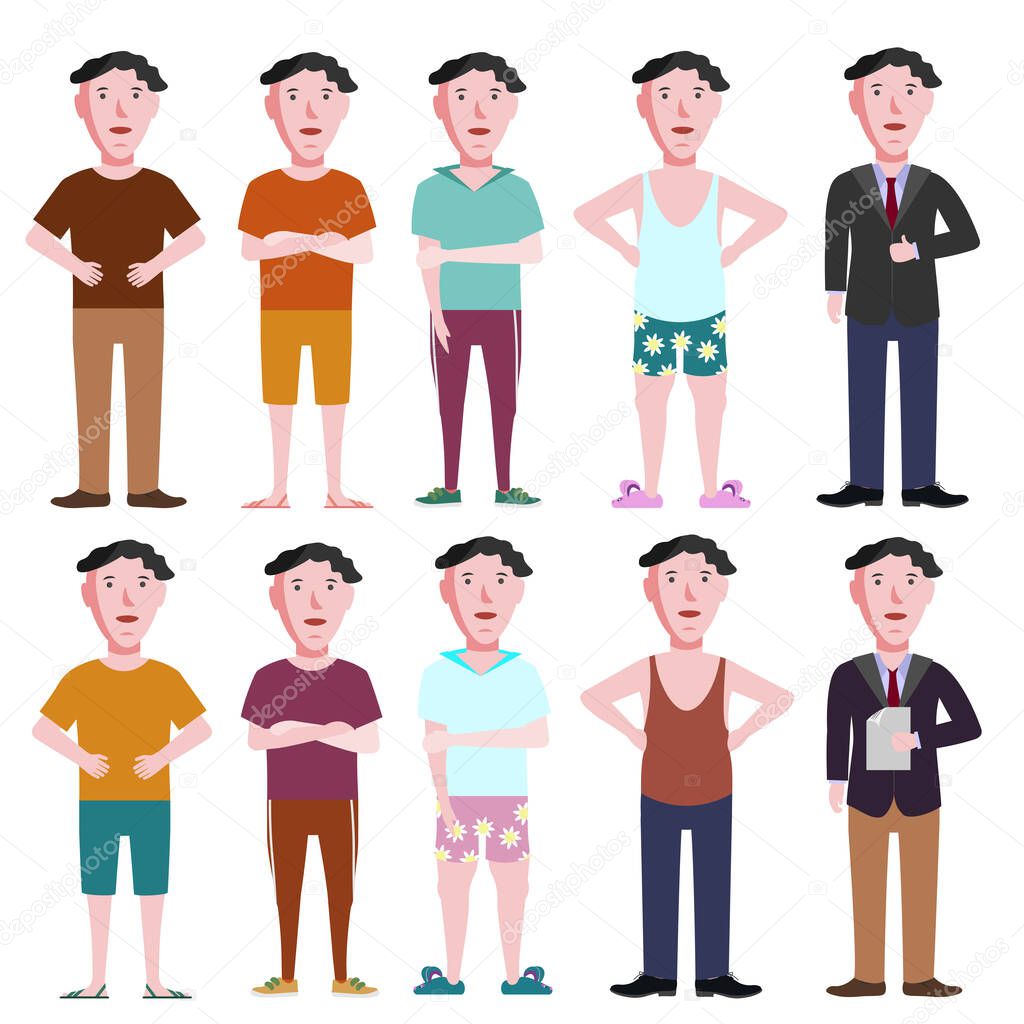 Ten happy guys in different clothes and poses.