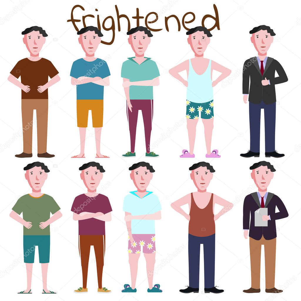 Ten frightened guys in different clothes and poses. T-shirts, sneakers, business suit, flip-flops, underpants, shoes, Polo