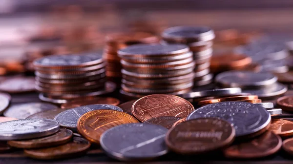 Pile of Golden coin, silver coin, copper coin, quarters, nickels — Stock Photo, Image