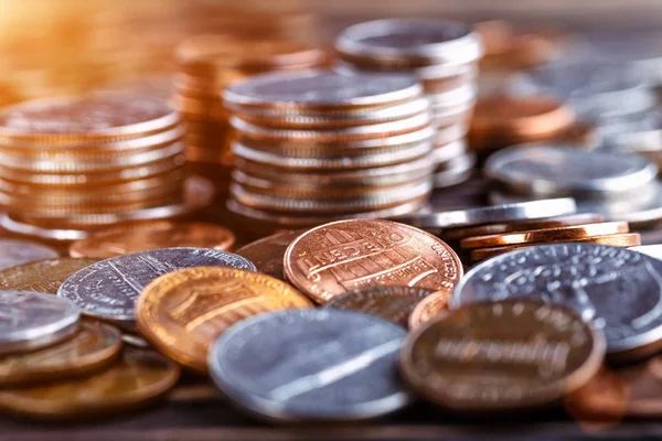 Pile of Golden coin, silver coin, copper coin, quarters, nickels Stock Photo