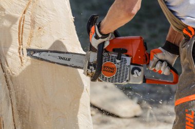 Kiev. Ukrayna. 22 Haziran 2019. Elektrikli testere. Stihl, Alman elektrikli testere ve diğer el teçhizatı üreticisi.