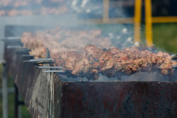 Homem Cozinhando Shashlik Marinado Carne Cordeiro Grelhando Espeto Metal Fumo — Fotografia de Stock