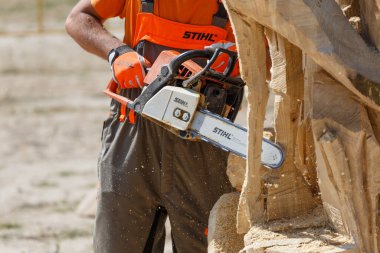 Kiev. Ukrayna. 22 Haziran 2019. Elektrikli testere. Stihl, Alman elektrikli testere ve diğer el teçhizatı üreticisi.