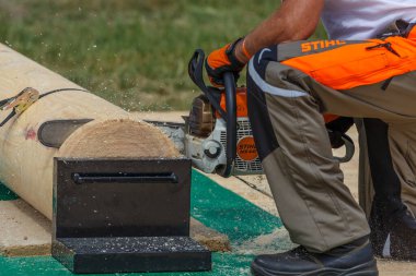 Kiev. Ukrayna. 22 Haziran 2019. Elektrikli testere. Stihl, Alman elektrikli testere ve diğer el teçhizatı üreticisi.