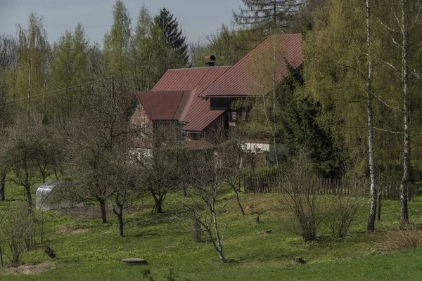 罗普瑞切思村的老木结构房屋在春天天 — 图库照片