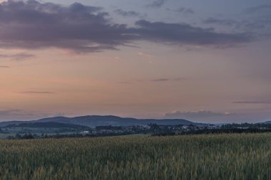Bahar güzel güneşli akşam Roprachtice köyü yakınlarında günbatımı renk