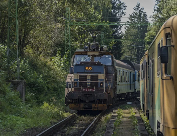蓝电列车在车站 Rozmberk Vltavou — 图库照片