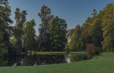 Yaz güneşli sabah Velke Losiny castle civarındaki Göleti