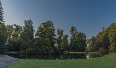 Yaz güneşli sabah Velke Losiny castle civarındaki Göleti