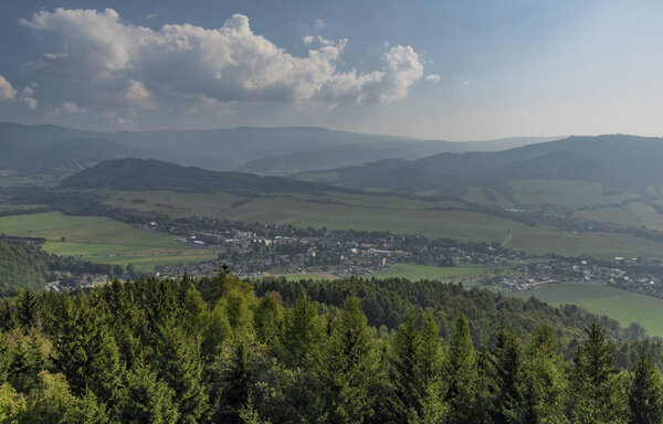 View from observation tower Bukovka in Jeseniky mountains in summer blue sky day