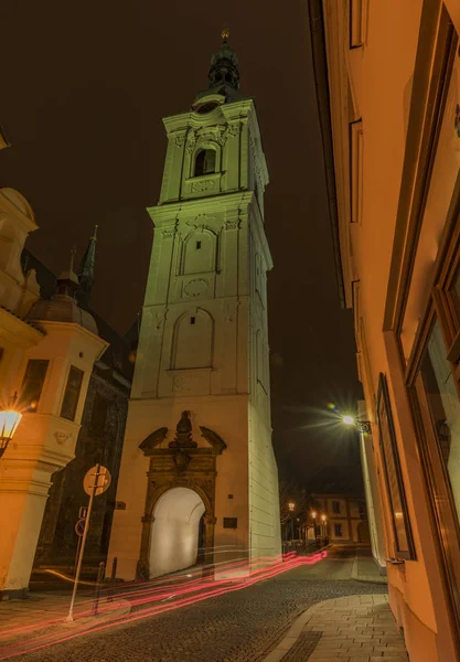 Casco Antiguo Klatovy Noche Otoño Con Cielo Naranja Luces Las — Foto de Stock