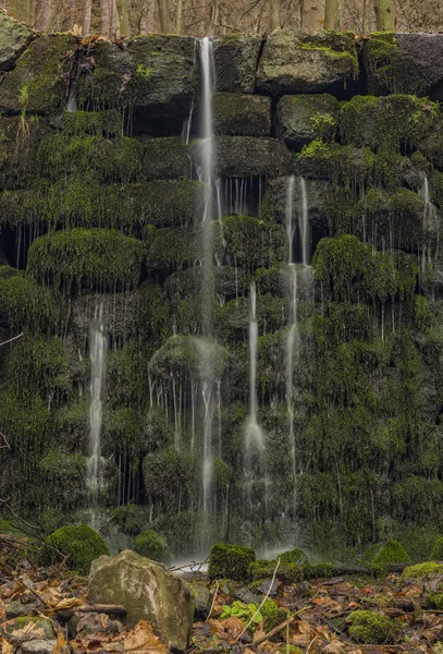 Cascade Waterfalls Prucelsky Creek Ceske Stredohori Mountains Winter Dark Cloudy — Stock Photo, Image