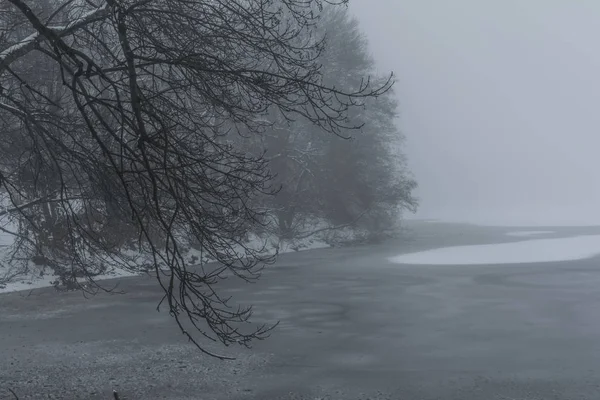 Mroźny Staw Mgły Śniegu Ciemne Zimowe Biały Dzień Pobliżu Spa — Zdjęcie stockowe