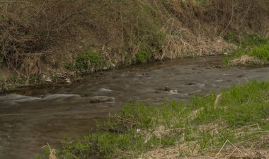 Louka köyü yakınlarındaki bahar bulutlu bir günde Velicka nehri
